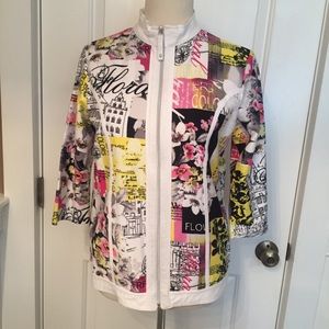 SPARTELLE JACKET ZIP FRONT BLACK WHITE PINK GRAPHIC FLORAL ART Size S COAT